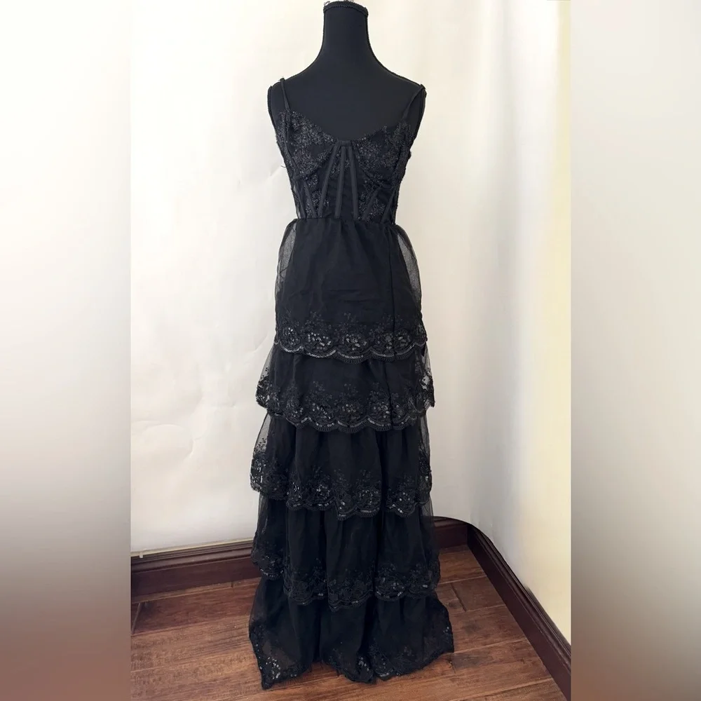 Lulus Alluring Sensation Black Tulle Embroidered Tiered Maxi Dress, Size XS, NWT - Picture 6 of 15